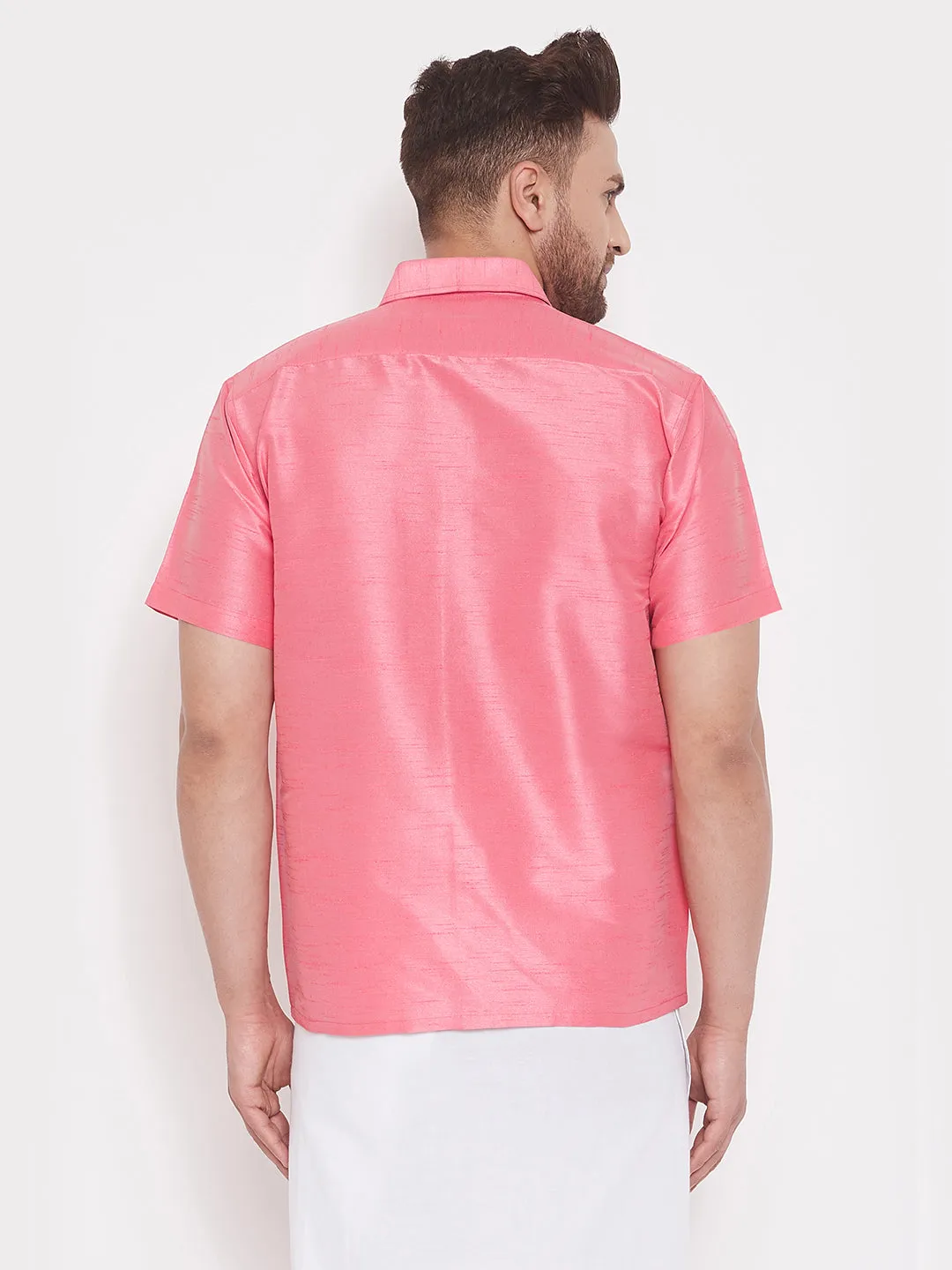 VASTRAMAY Men's Pink Silk Ethnic Shirt