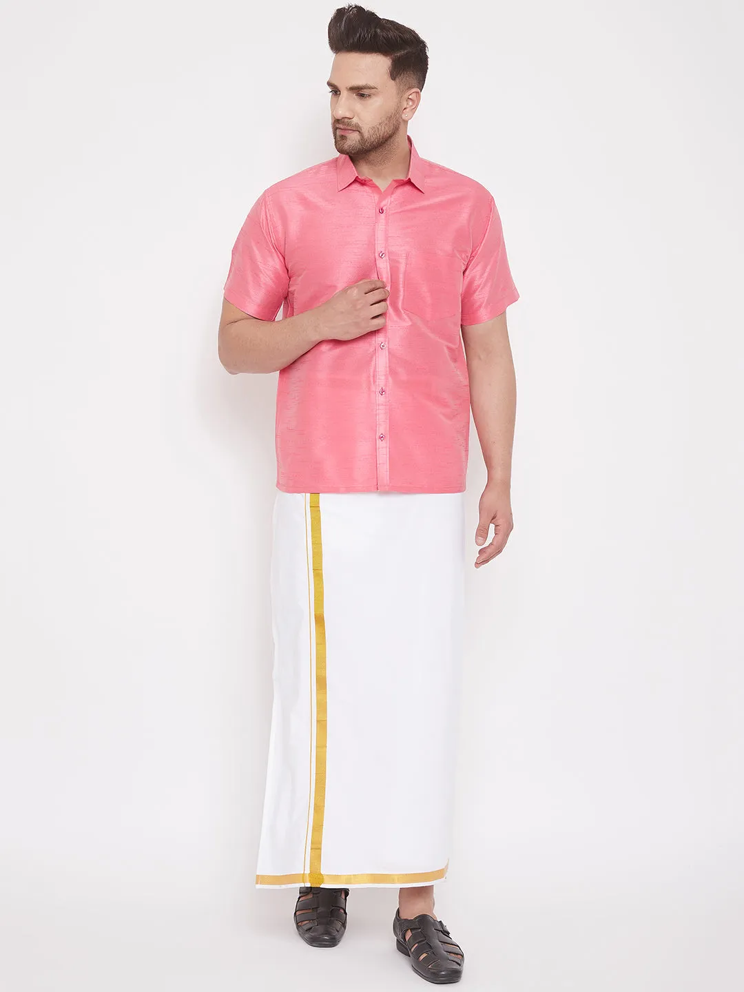 VASTRAMAY Men's Pink Silk Ethnic Shirt