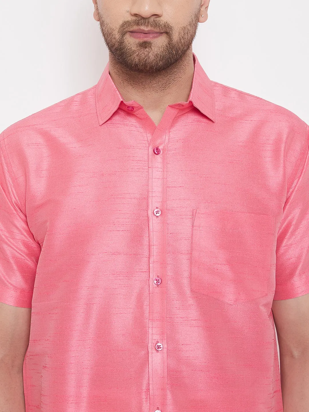 VASTRAMAY Men's Pink Silk Ethnic Shirt