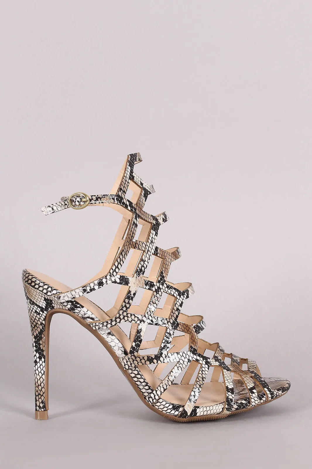 Wild Diva Lounge Python Caged Peep Toe Stiletto Heel