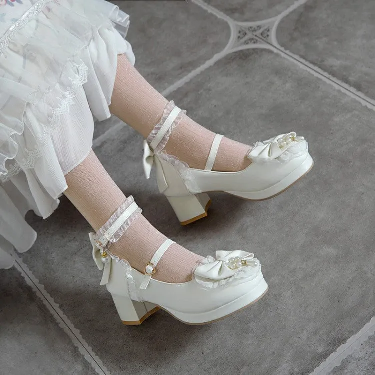 Women Lace Bow Tie Mary Janes Chunky Heel Platform Pumps