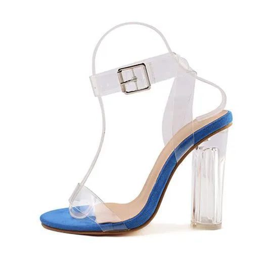 Women peep toe buckle ankle strap clear chunky heels