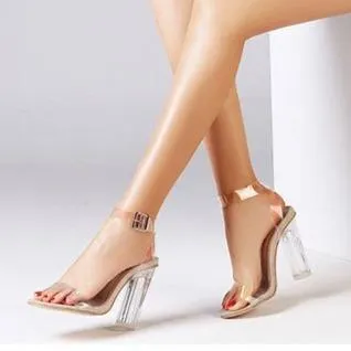 Women peep toe buckle ankle strap clear chunky heels