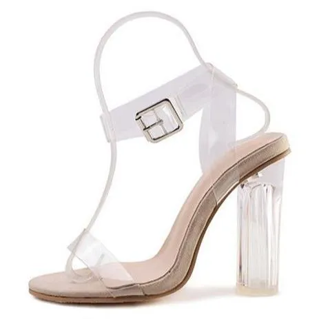 Women peep toe buckle ankle strap clear chunky heels