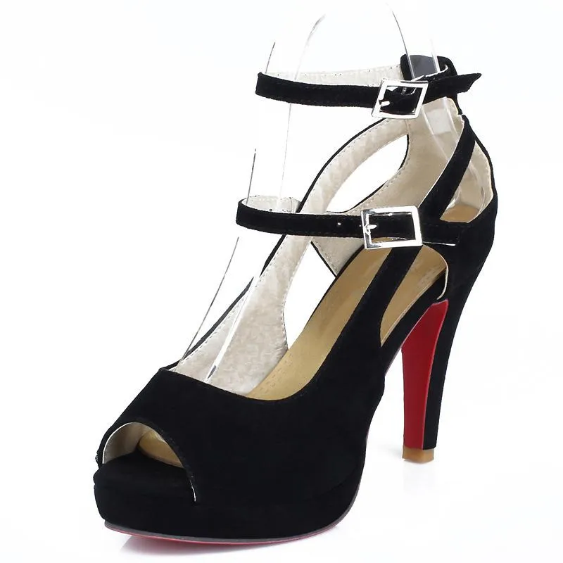 Women peep toe buckle two ankle strap chunky heels