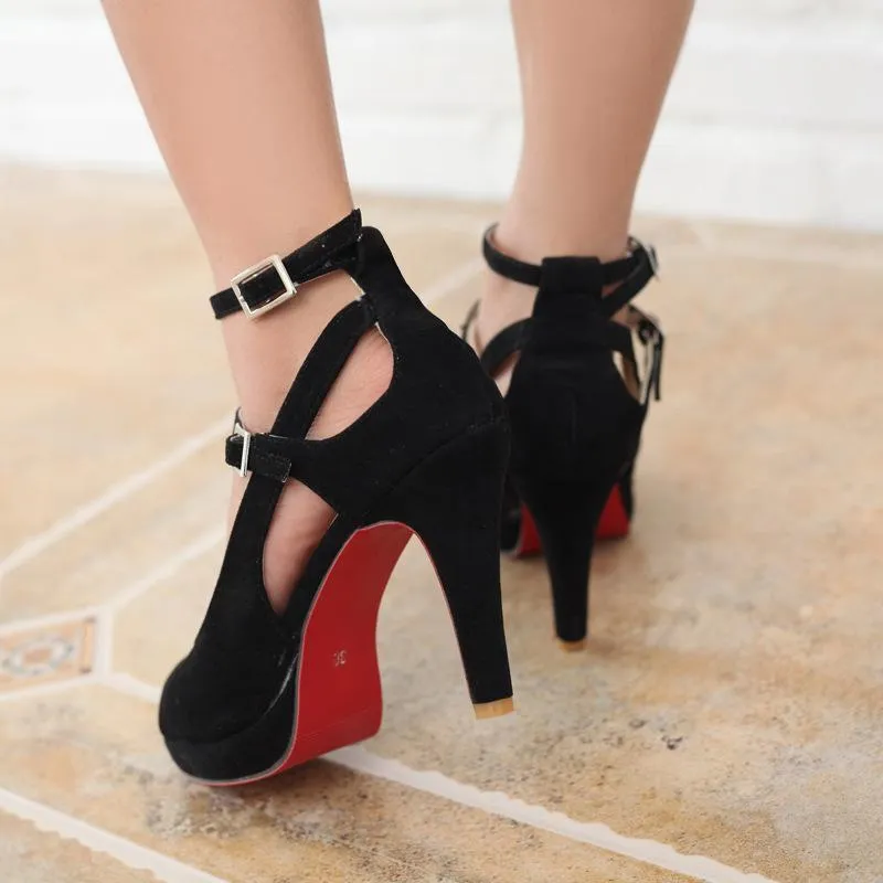 Women peep toe buckle two ankle strap chunky heels