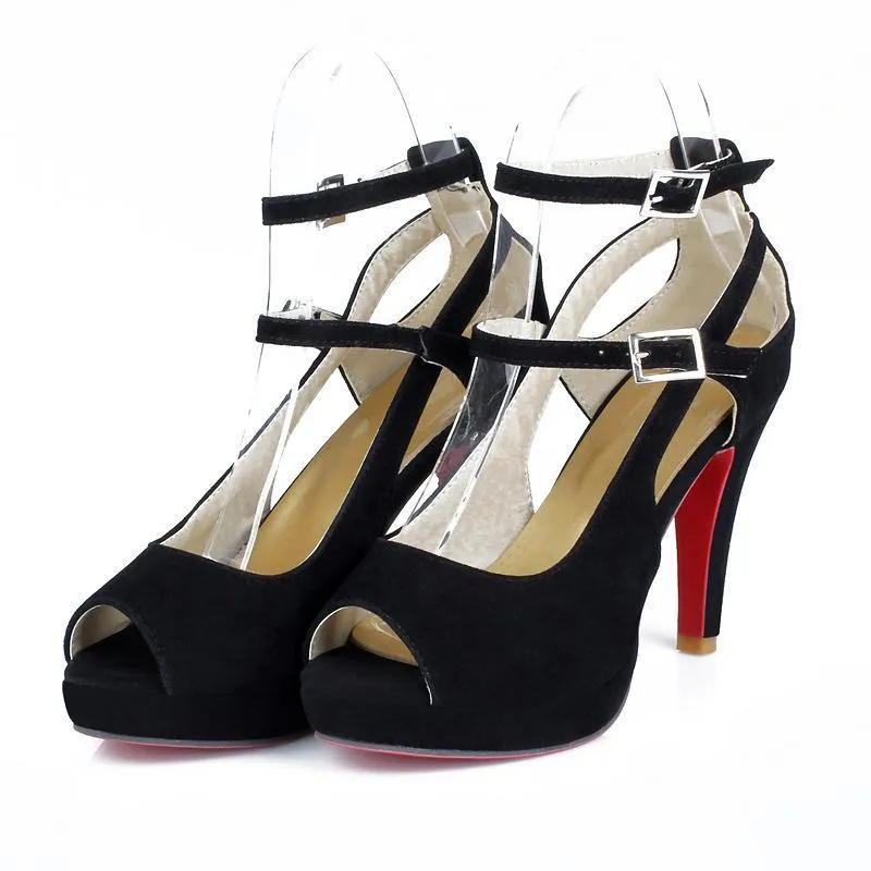 Women peep toe buckle two ankle strap chunky heels