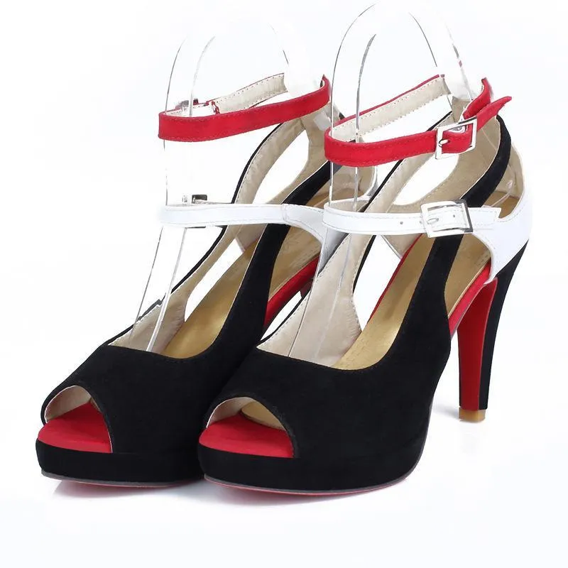 Women peep toe buckle two ankle strap chunky heels