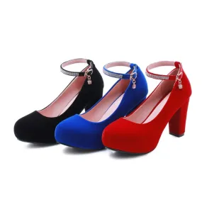 Women's Suede Round Toe Rhinestone Chunky Hees High Heel Platform Pumps